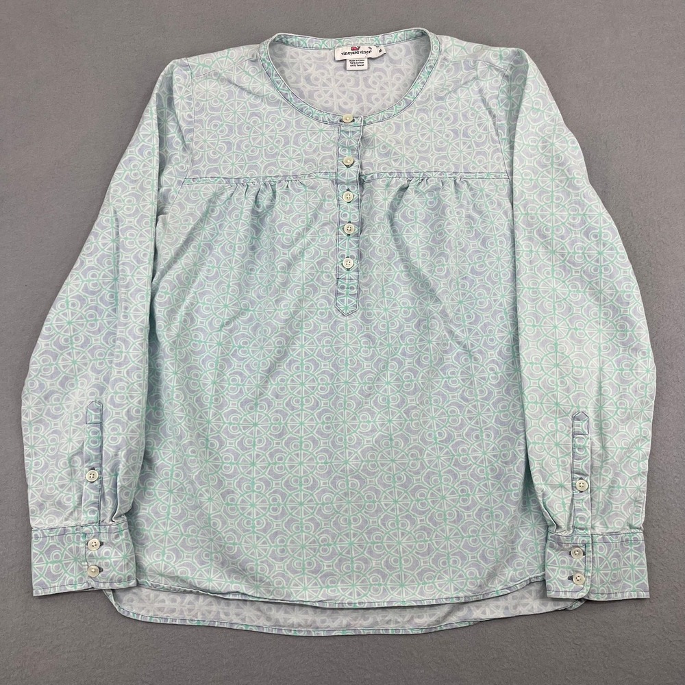Vineyard Vines Womens Blue Green Geometric Henley Long Sleeve Top Size M